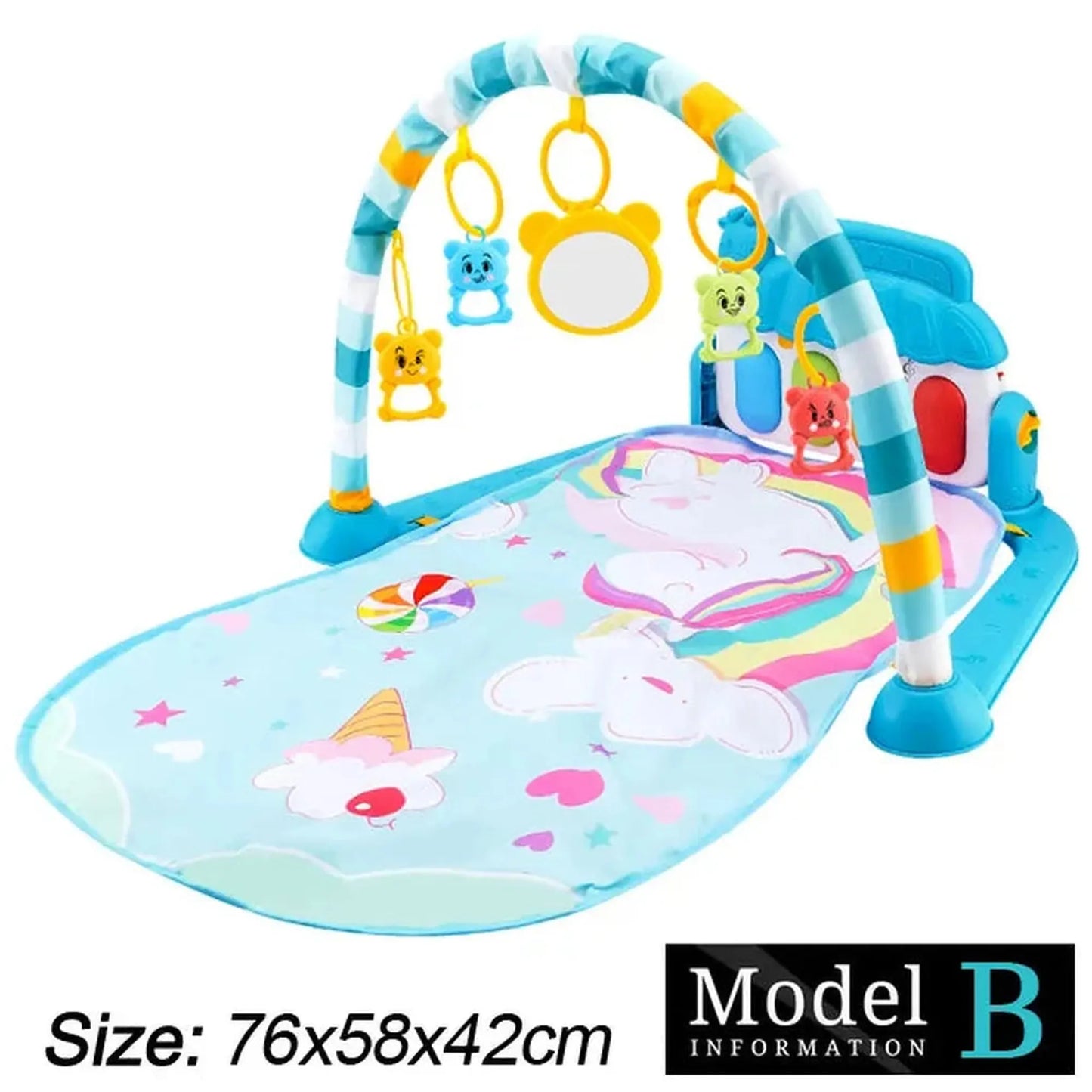 Baby activity mat with unicorn design, piano, and hanging toys.