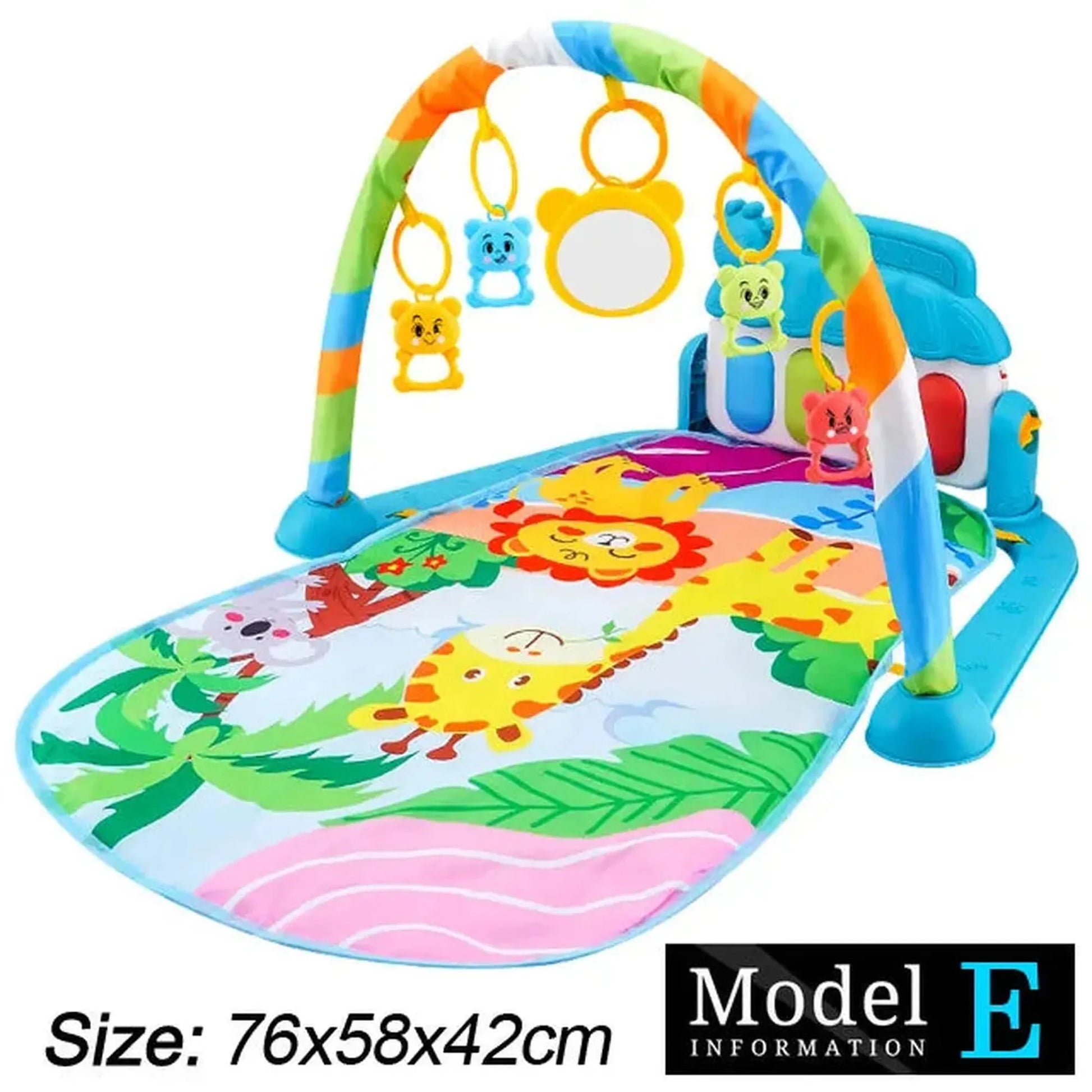 Colorful baby activity mat with piano, hanging animal toys, and jungle design.