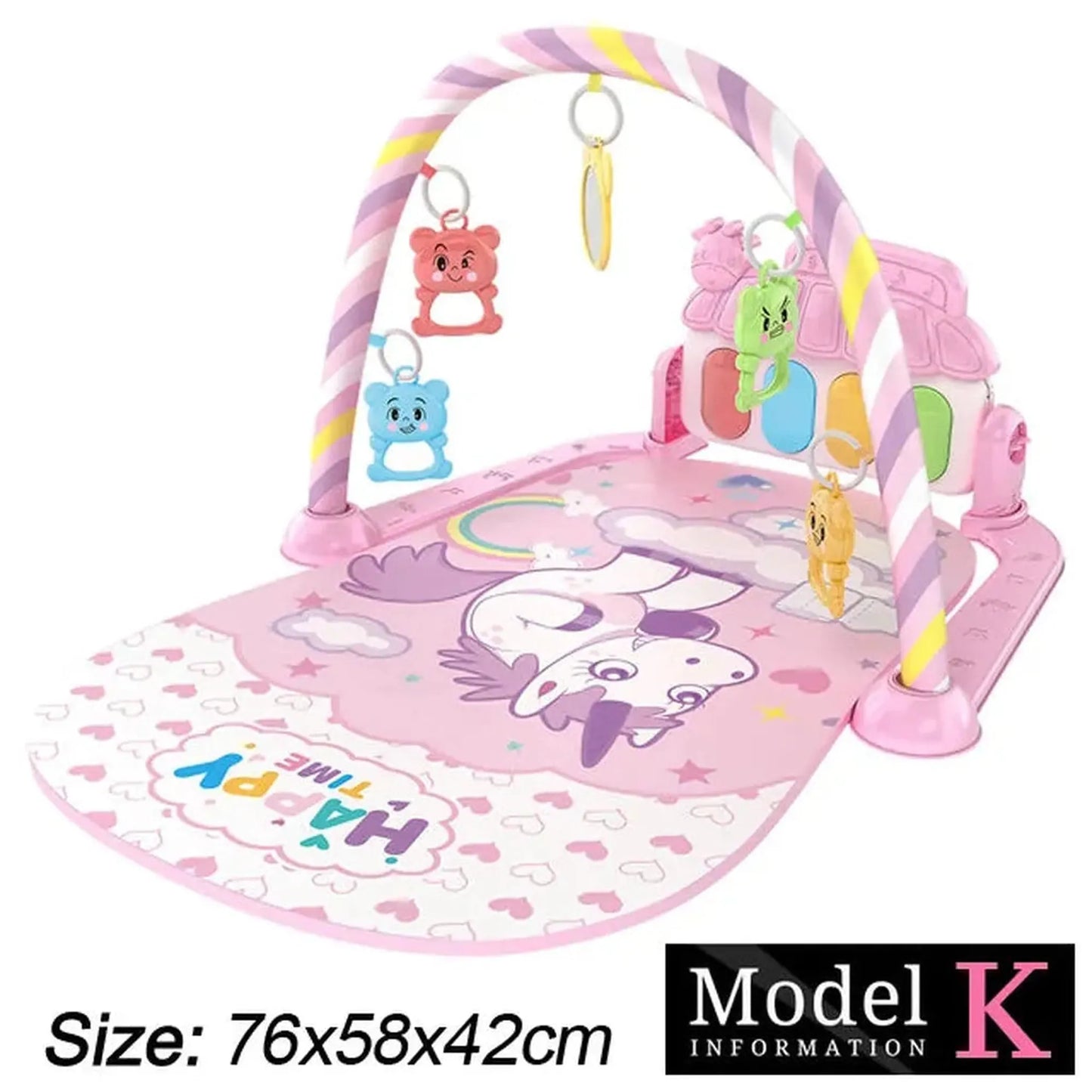 Pink baby activity mat with piano, arch, and hanging animal toys.