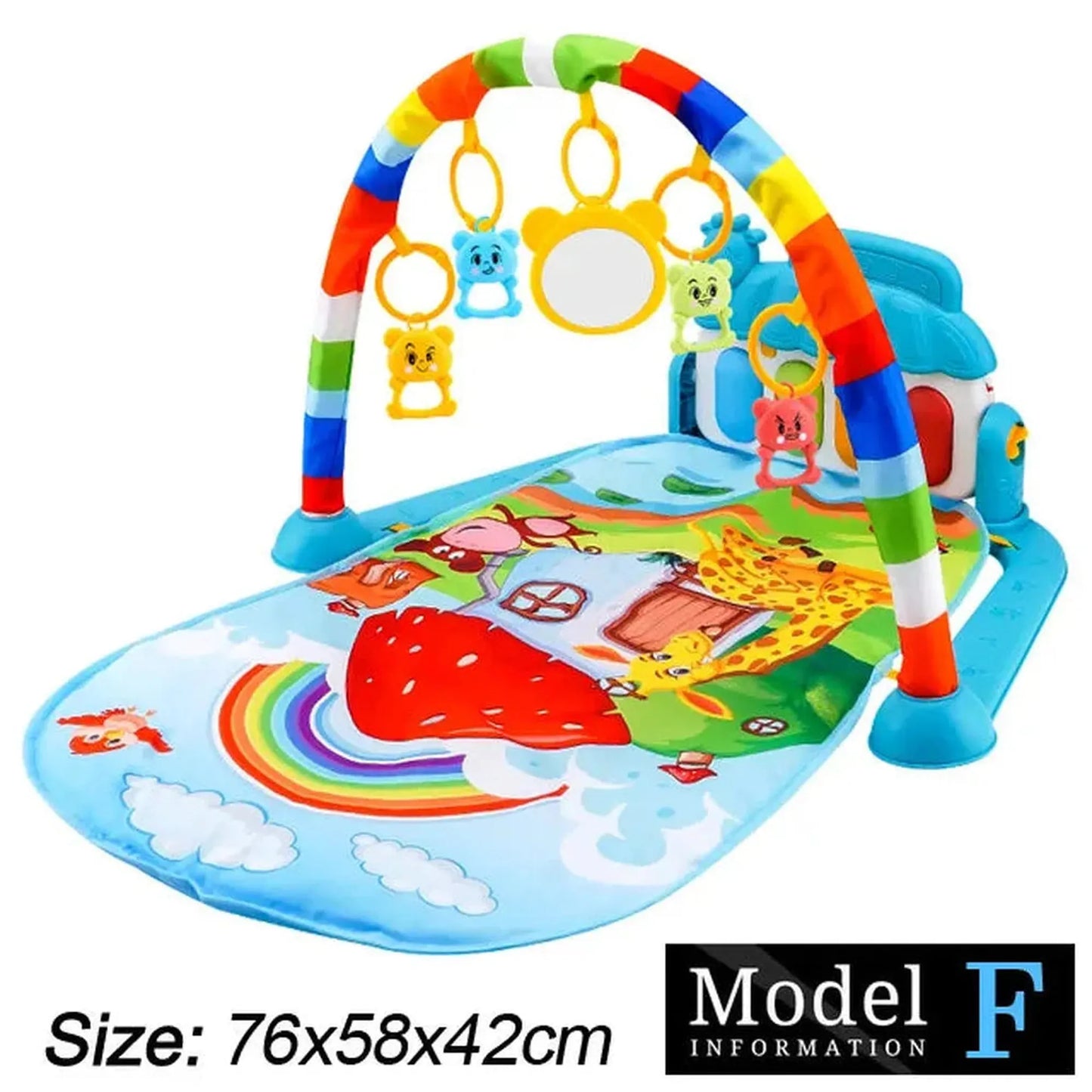 Colorful baby play mat with piano, rainbow, giraffe, and hanging toys.