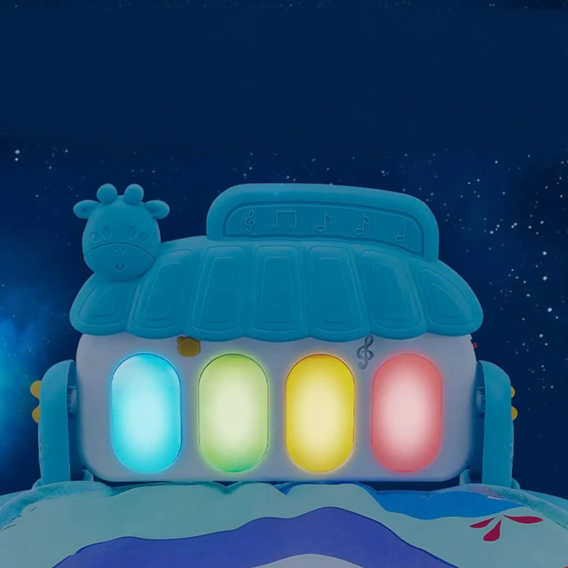 Blue and white baby piano toy with four colorful light-up keys and a cute giraffe design.