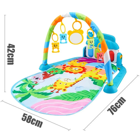Colorful baby activity play mat with piano, hanging toys, and animal print, measuring 58x76x42cm.