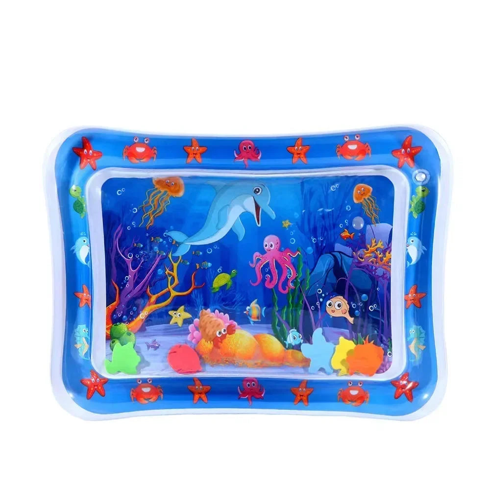 Blue inflatable baby water play mat with colorful floating sea creatures for tummy time.