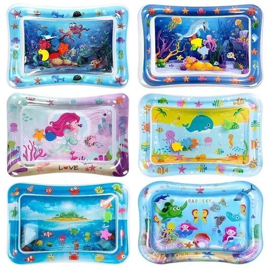 Six colorful inflatable baby water play mats with underwater sea creature designs.