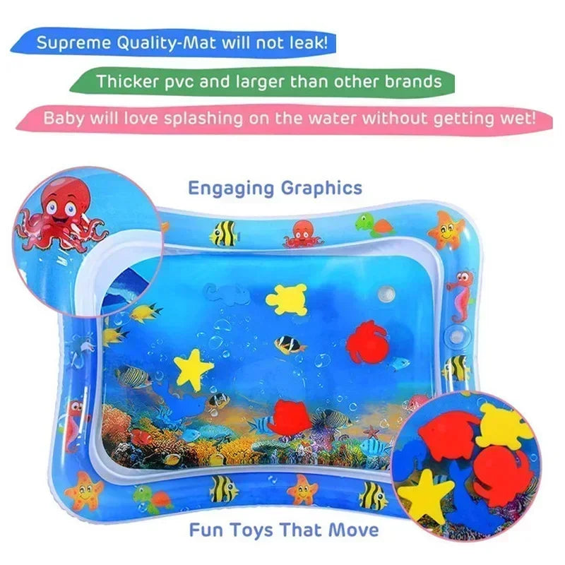 Blue inflatable baby water play mat with colorful floating sea creatures for tummy time.