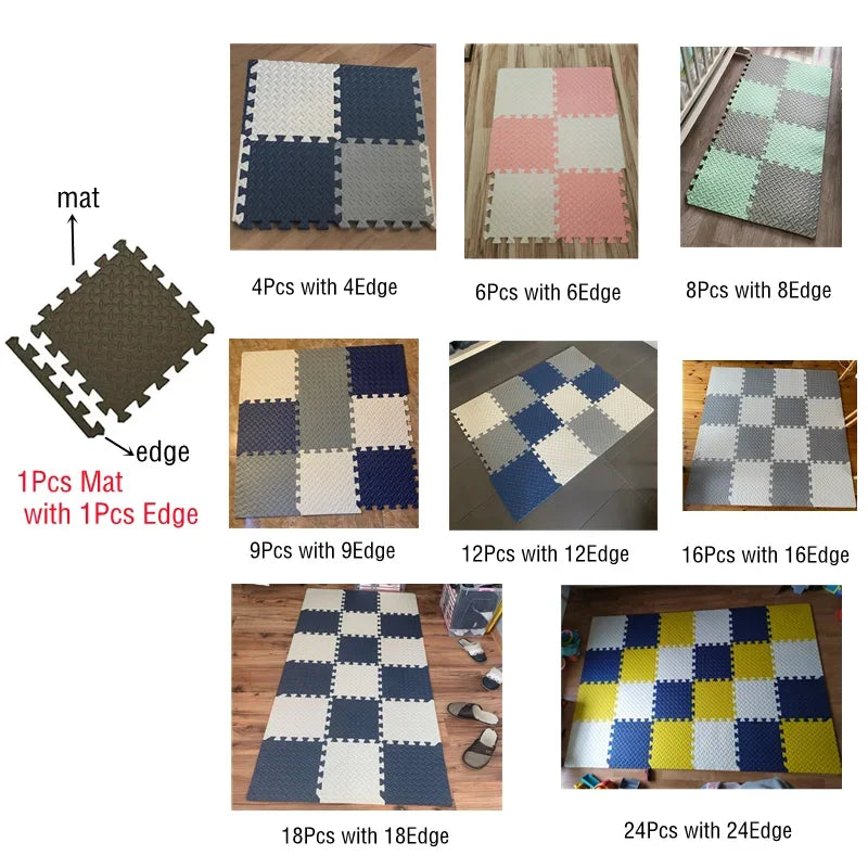 Modular EVA foam puzzle play mats in various sizes and color combinations, including blue, gray, white, pink, yellow, and green.