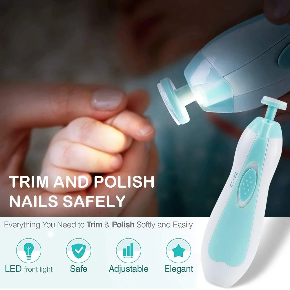 White and teal electric baby nail trimmer with LED light, shown near a baby's hand, highlighting safe nail care.