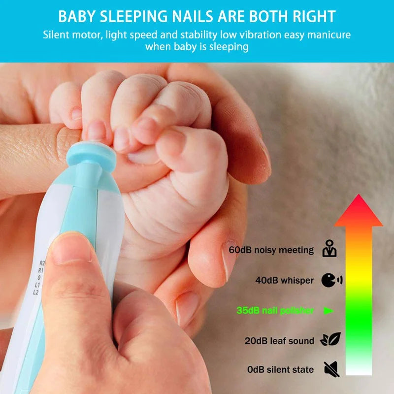 Hand holding a white and light blue electric baby nail file near a baby's tiny fingers, illustrating quiet operation.