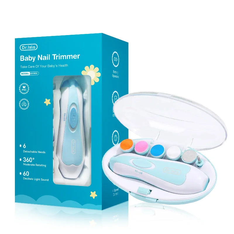 Blue and white Dr. Isla baby electric nail trimmer kit with LED light, multiple grinding heads, and storage case.