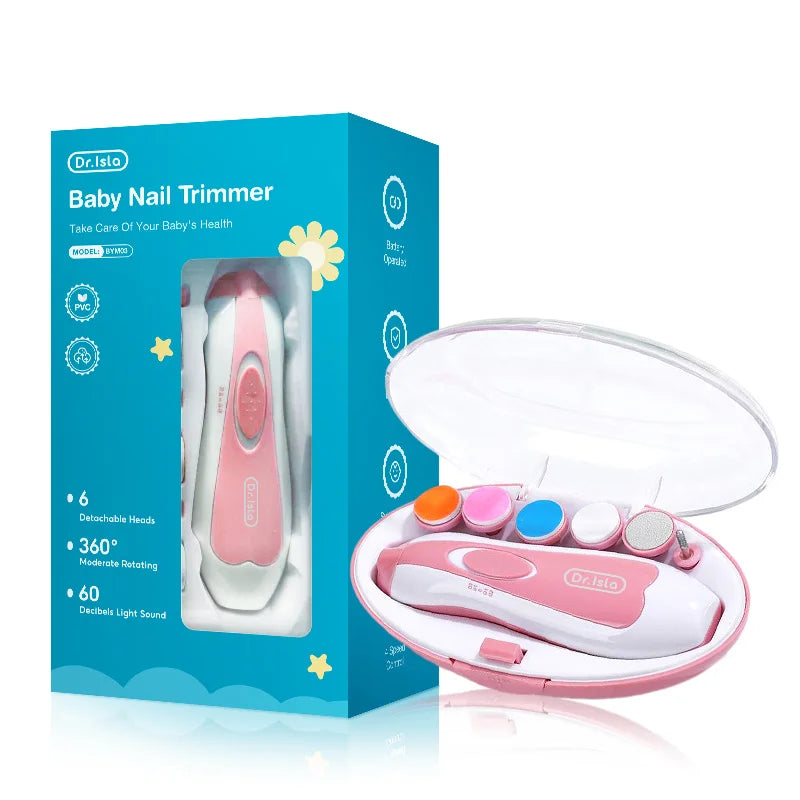 Pink and white Dr. Isla baby electric nail trimmer kit with LED light, 6 detachable heads, and clear case.