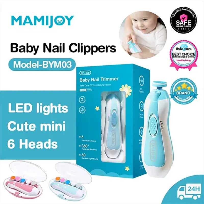 Blue and white electric baby nail trimmer with LED light, packaging, and two cases of interchangeable heads.