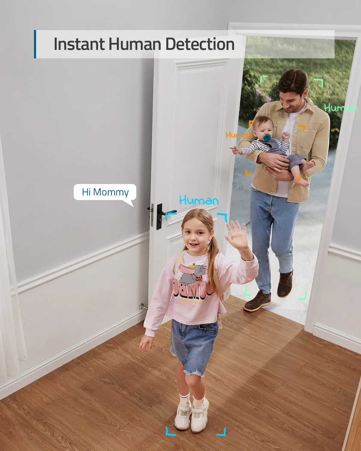 Smart security camera detecting a child waving and a father holding a baby entering a room.