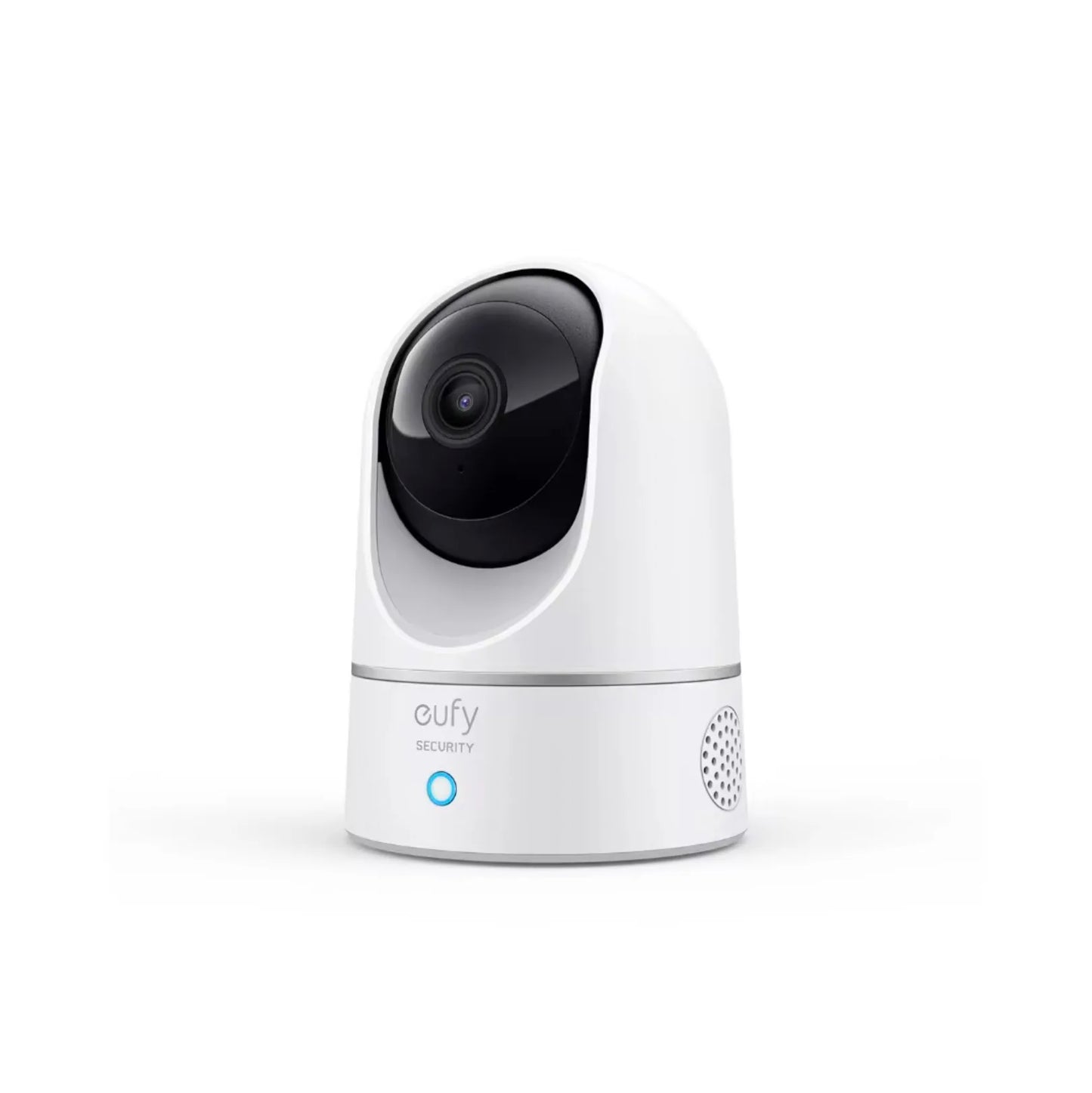 White Eufy Security smart 2K pan-tilt baby monitor camera with black lens and blue indicator light.