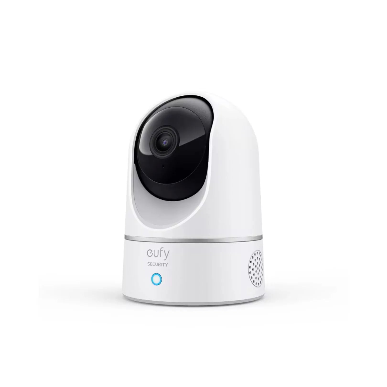 White Eufy Security smart 2K pan-tilt baby monitor camera with black lens and blue indicator light.