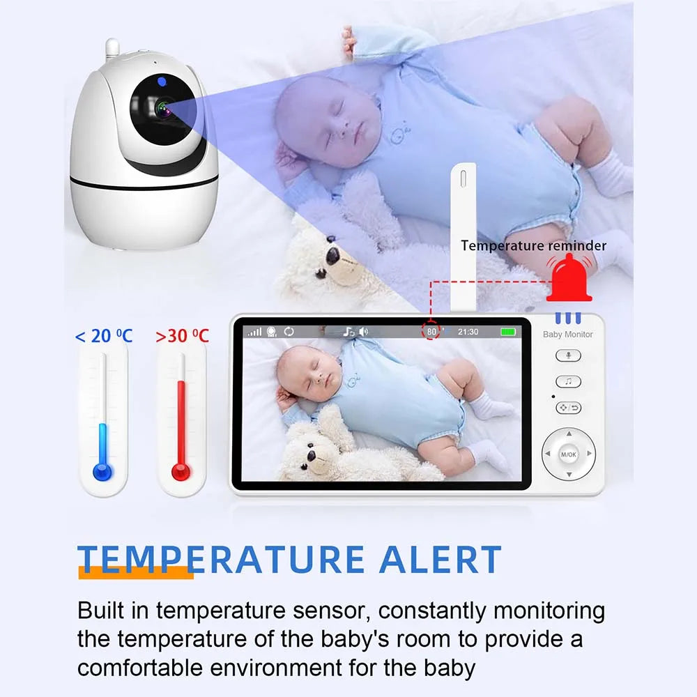 White baby monitor camera with a 5-inch HD screen showing a sleeping baby, temperature alerts.