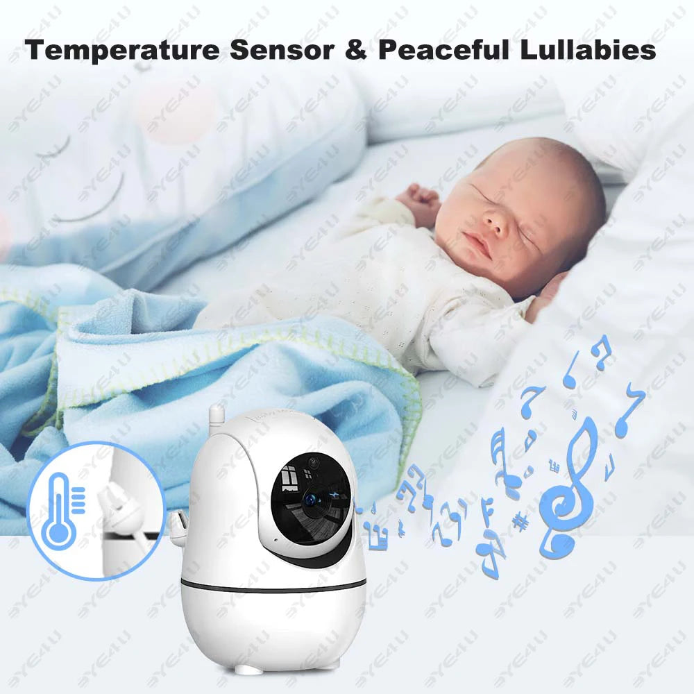 White baby monitor camera with a sleeping infant, showing temperature sensor and lullaby features.