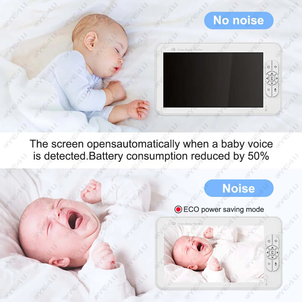 White 5-inch HD video baby monitor with a sleeping baby and a crying baby demonstrating sound detection.