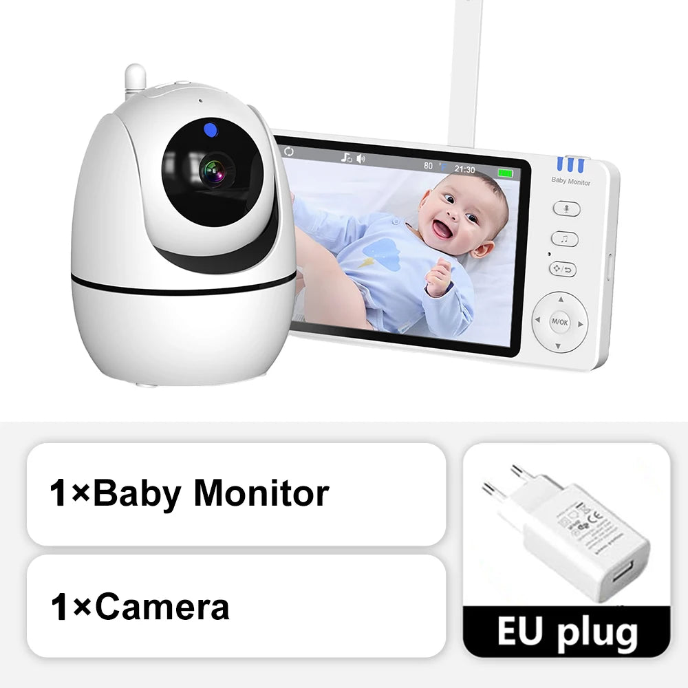 White 5-inch HD video baby monitor with camera, showing a baby on screen, and an EU plug.
