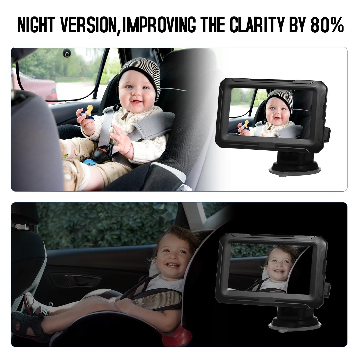 Black 4.3-inch IPS car baby camera with night vision, showing a baby in a car seat.