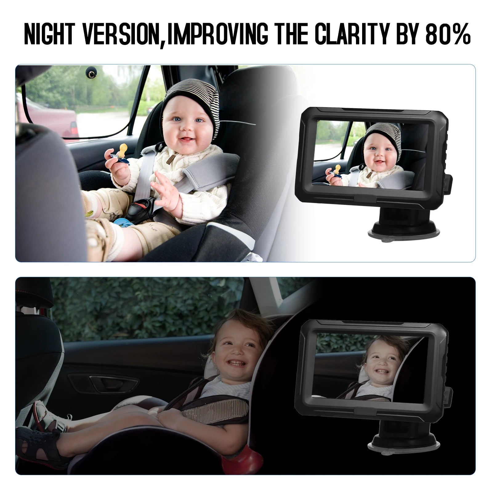 Black 4.3-inch IPS car baby camera with night vision, showing a baby in a car seat.
