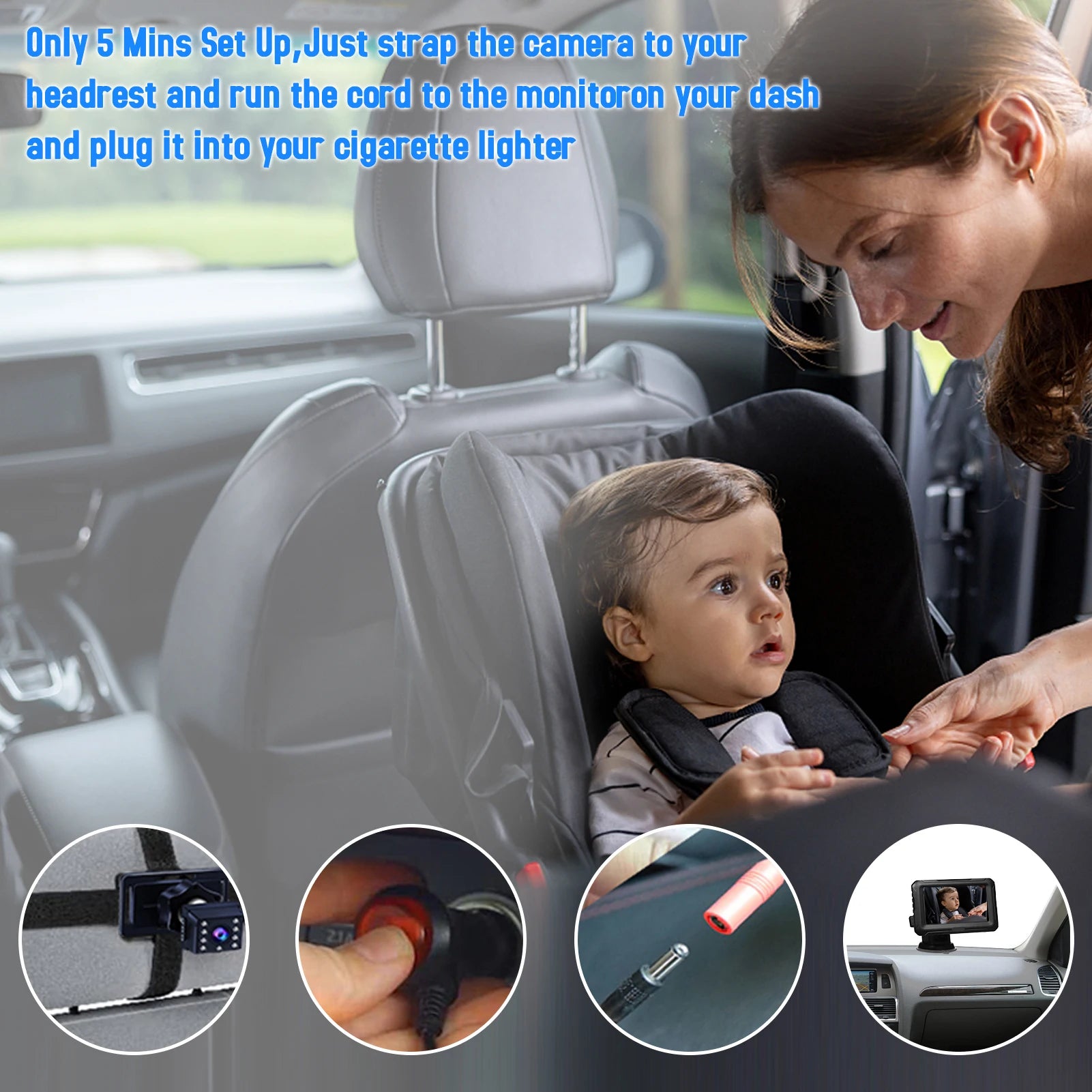 Car baby monitor with 4.3-inch IPS screen, night vision, and easy headrest strap installation.