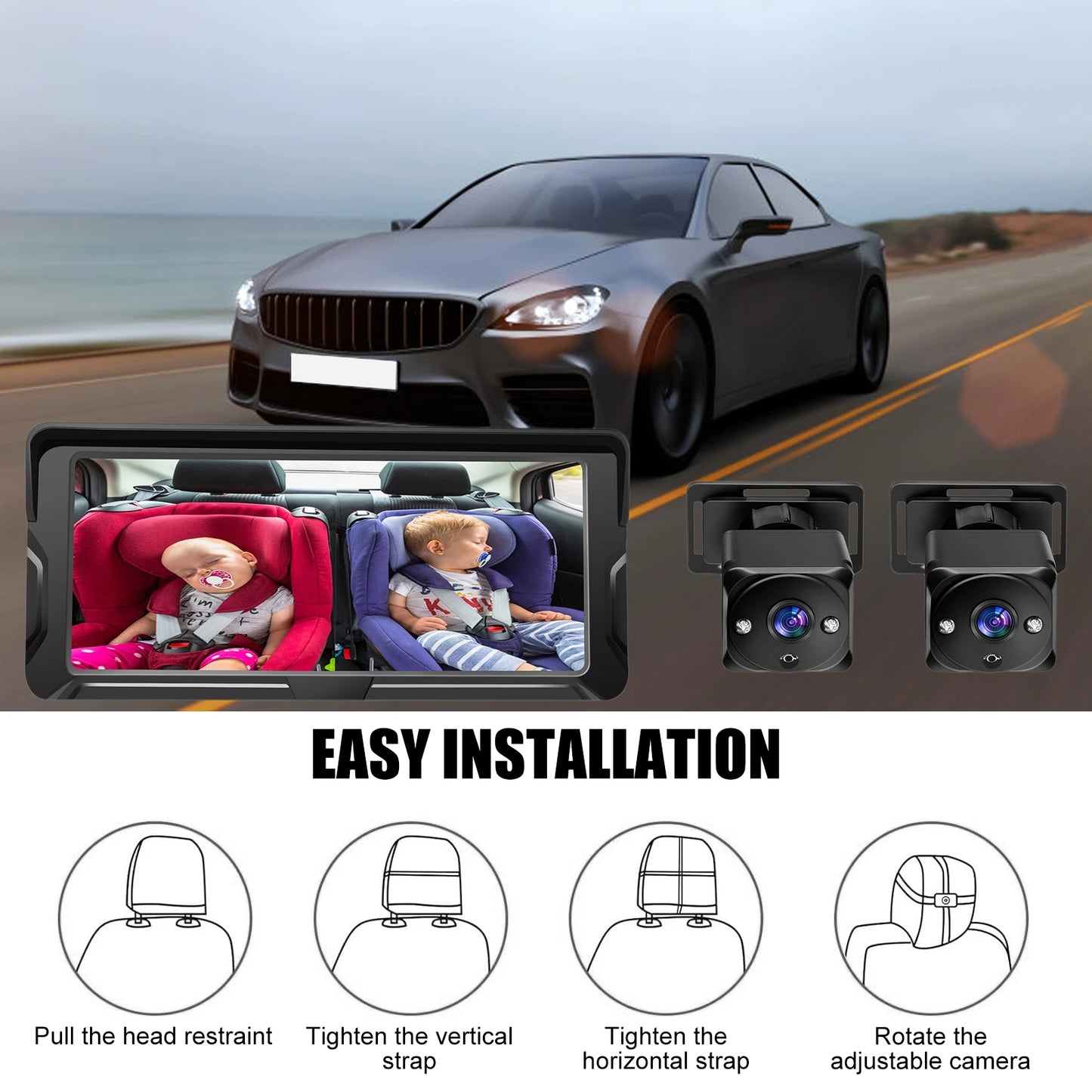 Dual 1080P car baby monitor with 6.8-inch screen, showing two babies in car seats and installation steps.