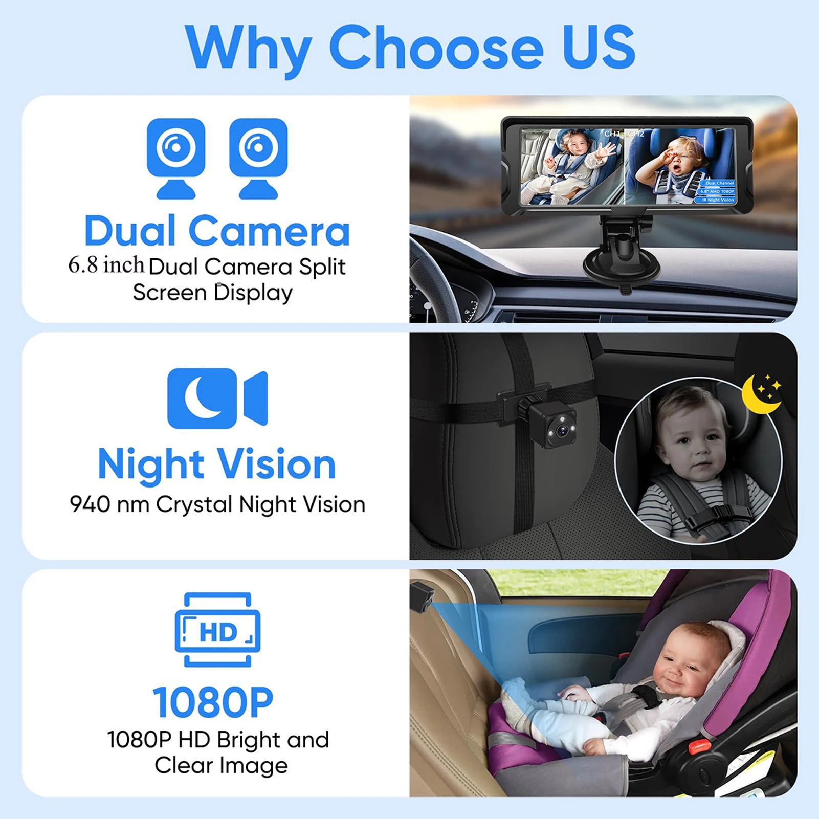 Dual camera 6.8-inch car baby monitor with split screen, night vision, and 1080P HD display.