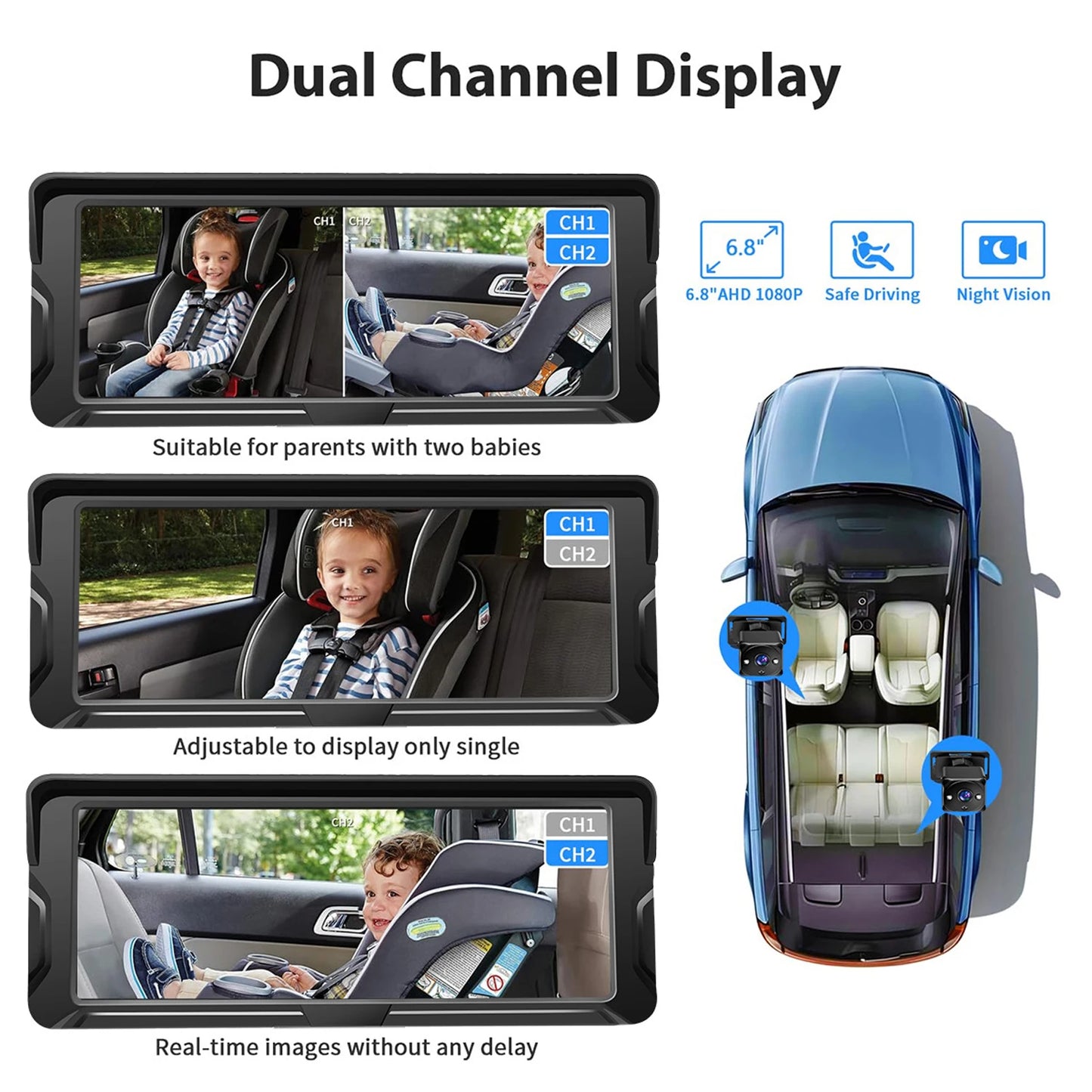 Dual 1080P car baby monitor with 6.8-inch screen, showing single and dual-view options.