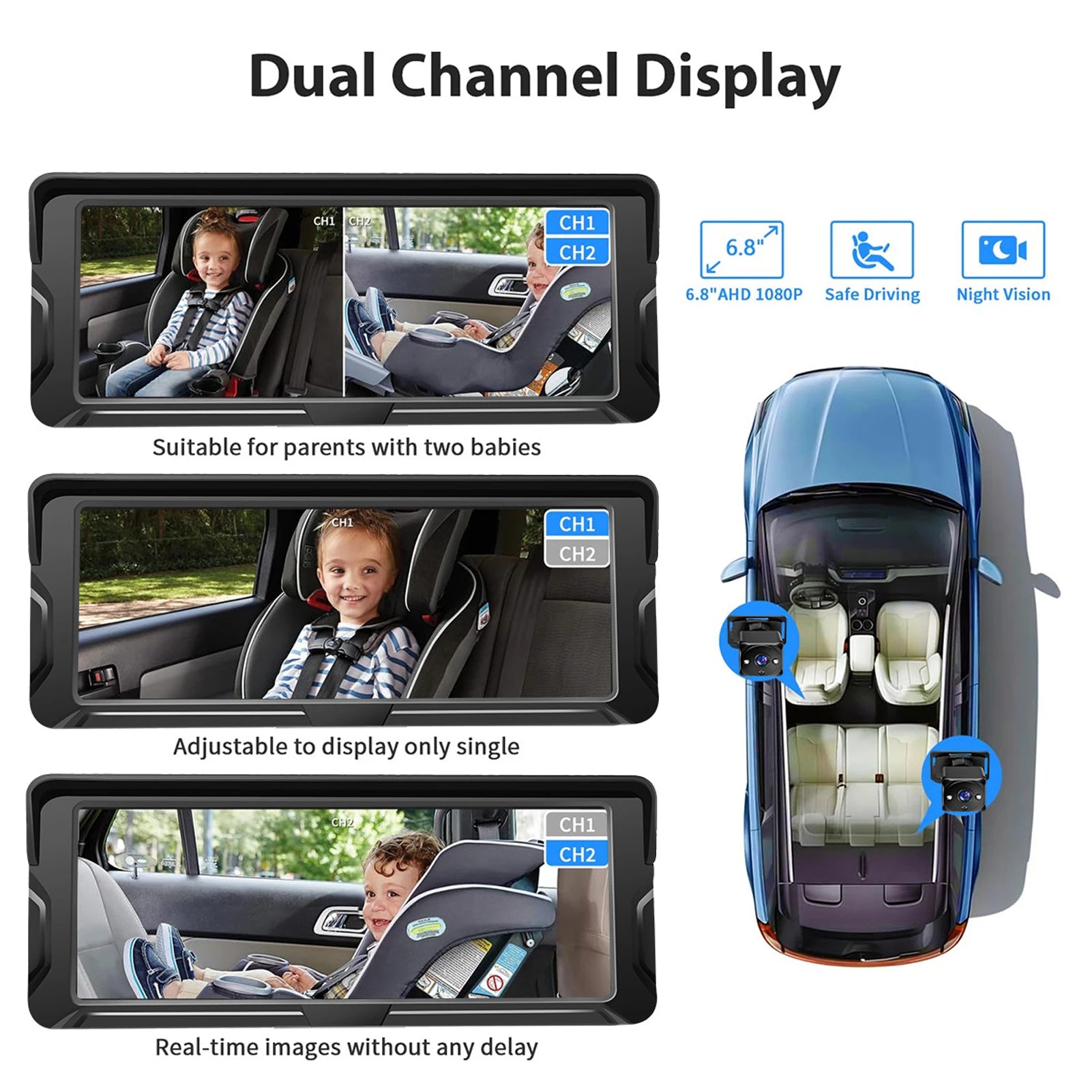 Dual 1080P car baby monitor with 6.8-inch screen, showing single and dual-view options.