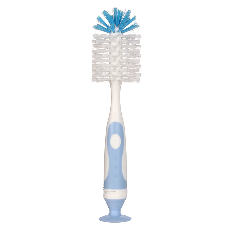 White and blue 2-in-1 baby bottle and nipple cleaning brush with a vacuum suction base.