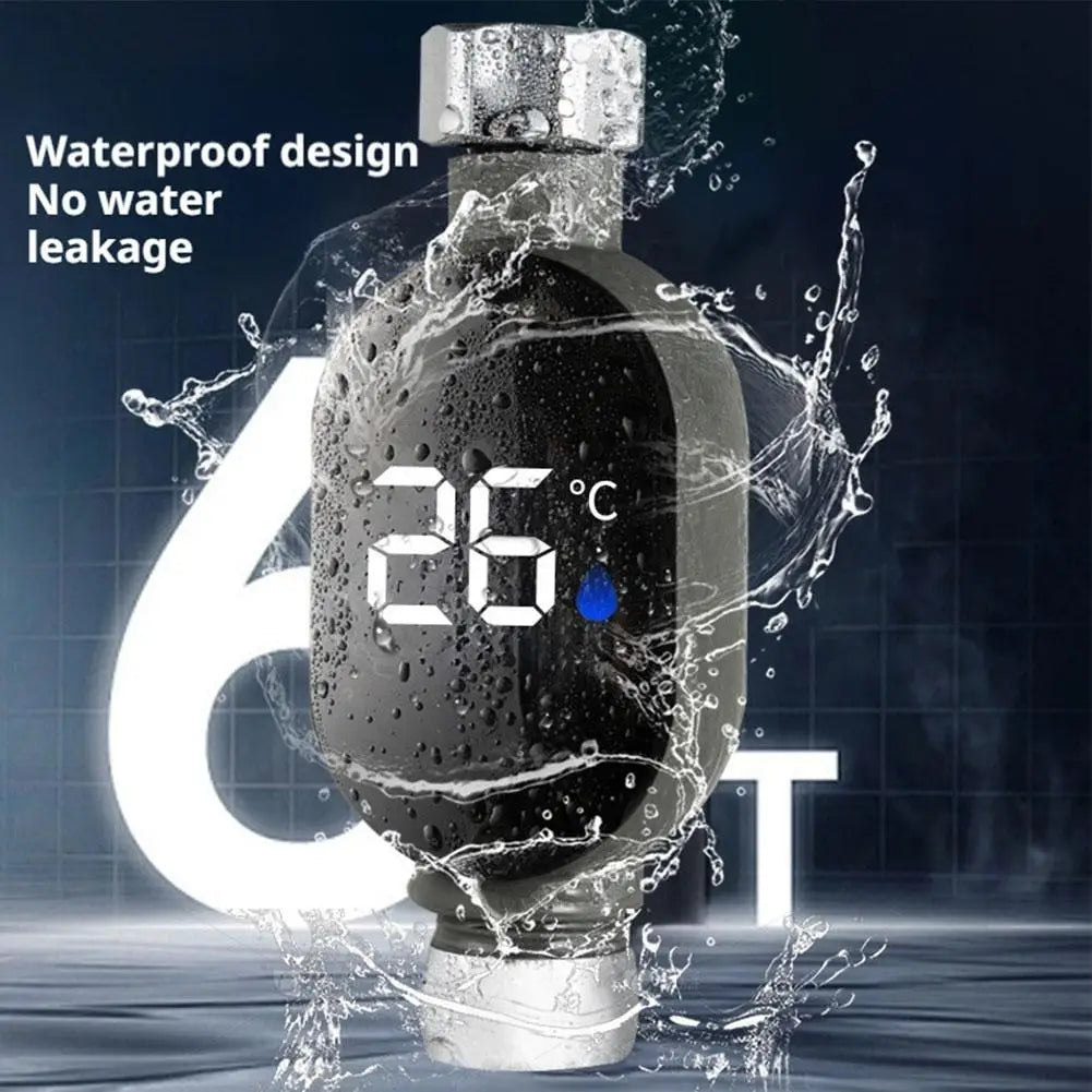 Black digital shower thermometer with LED display showing 26°C, water splashing, waterproof design.