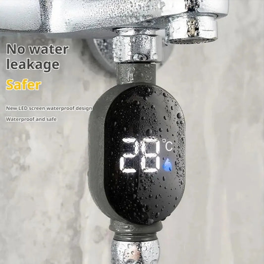 Black digital shower thermometer with LED display showing 28°C, attached to a chrome shower pipe.
