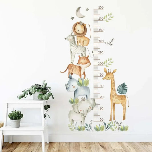 Colorful PVC animal-themed height chart wall decal with a lion, zebra, fox, rhino, elephant, and giraffe.