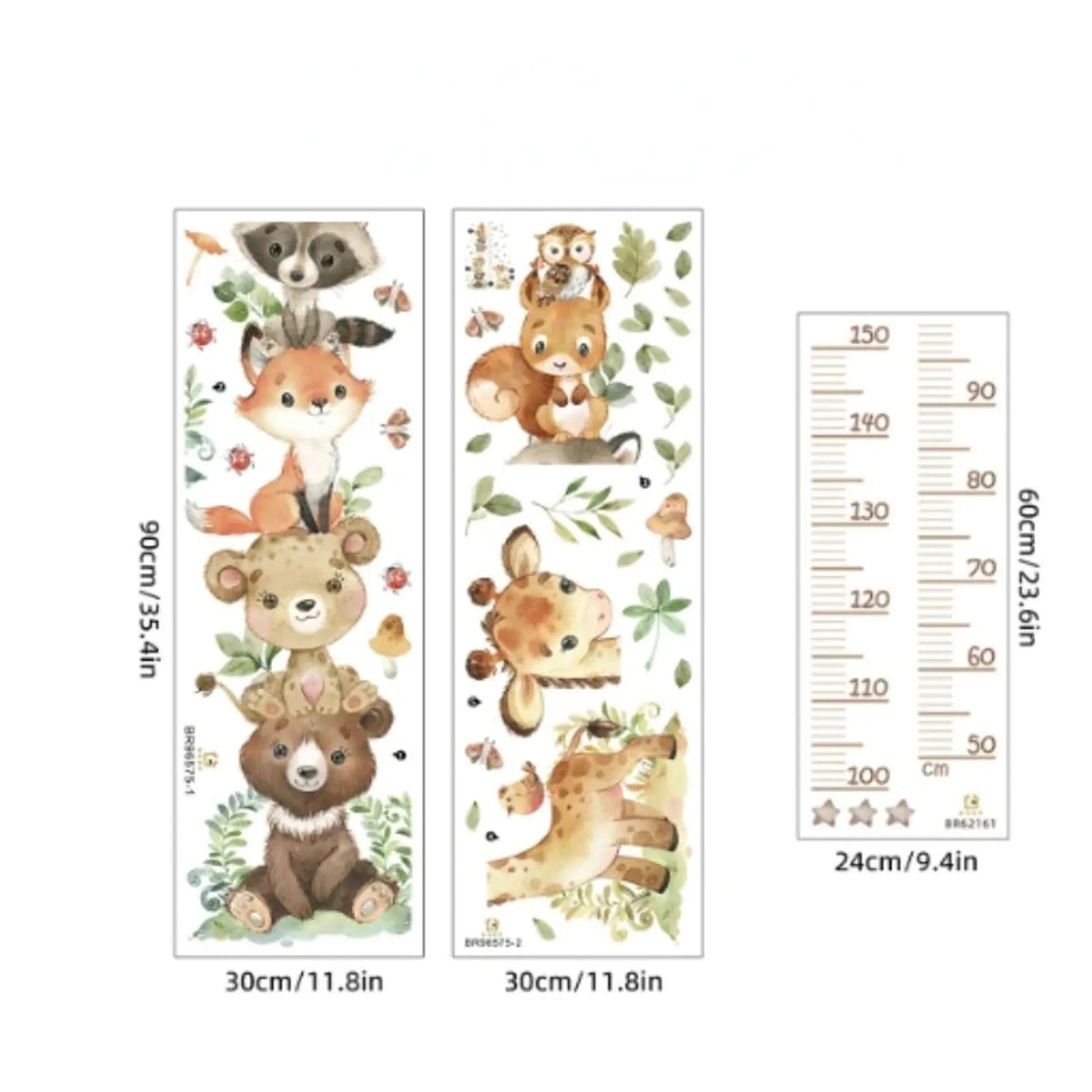 Kids' animal-themed height chart wall decal with forest creatures like a fox, bear, and giraffe.