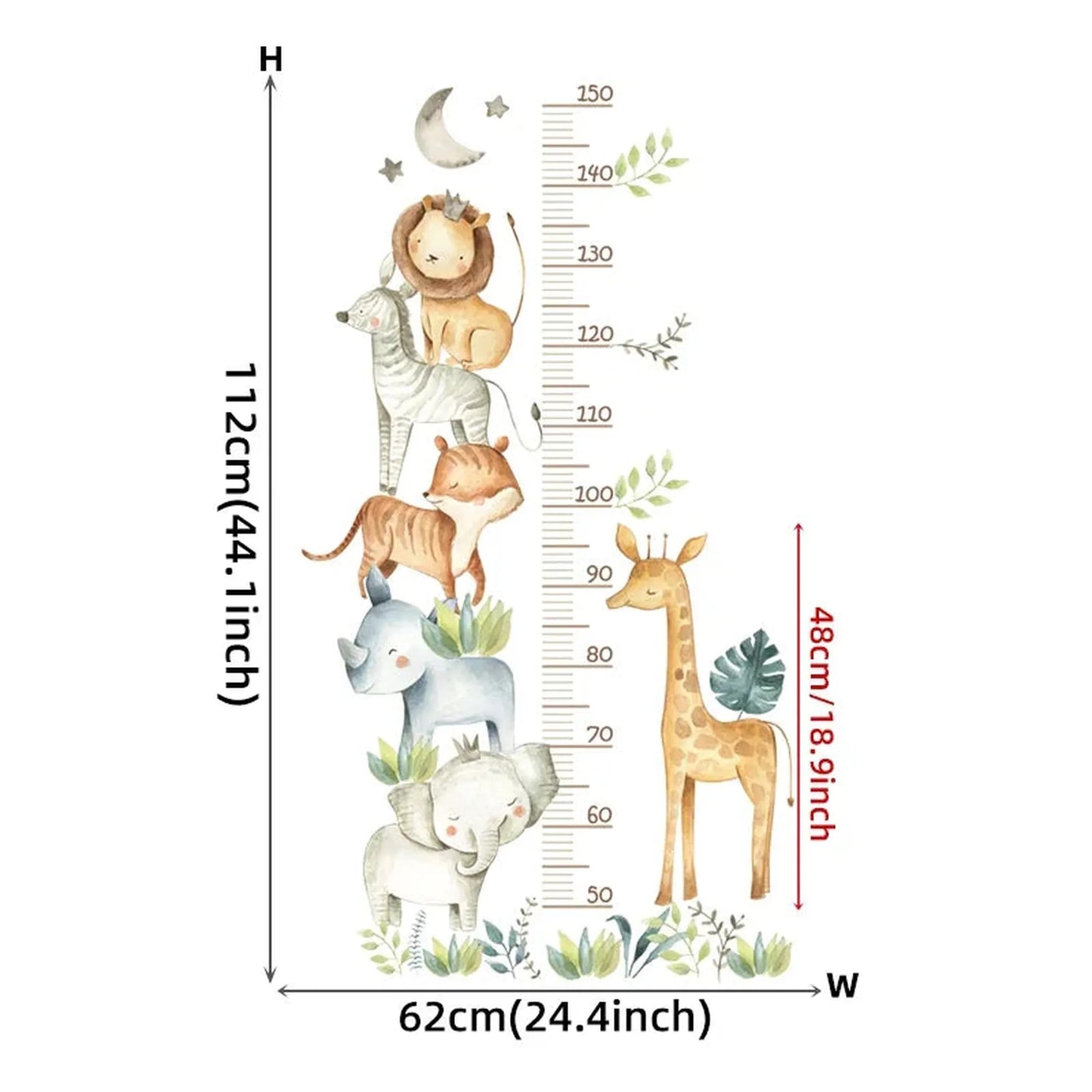 Colorful PVC animal-themed height chart wall sticker with lion, zebra, tiger, rhino, elephant, and giraffe.
