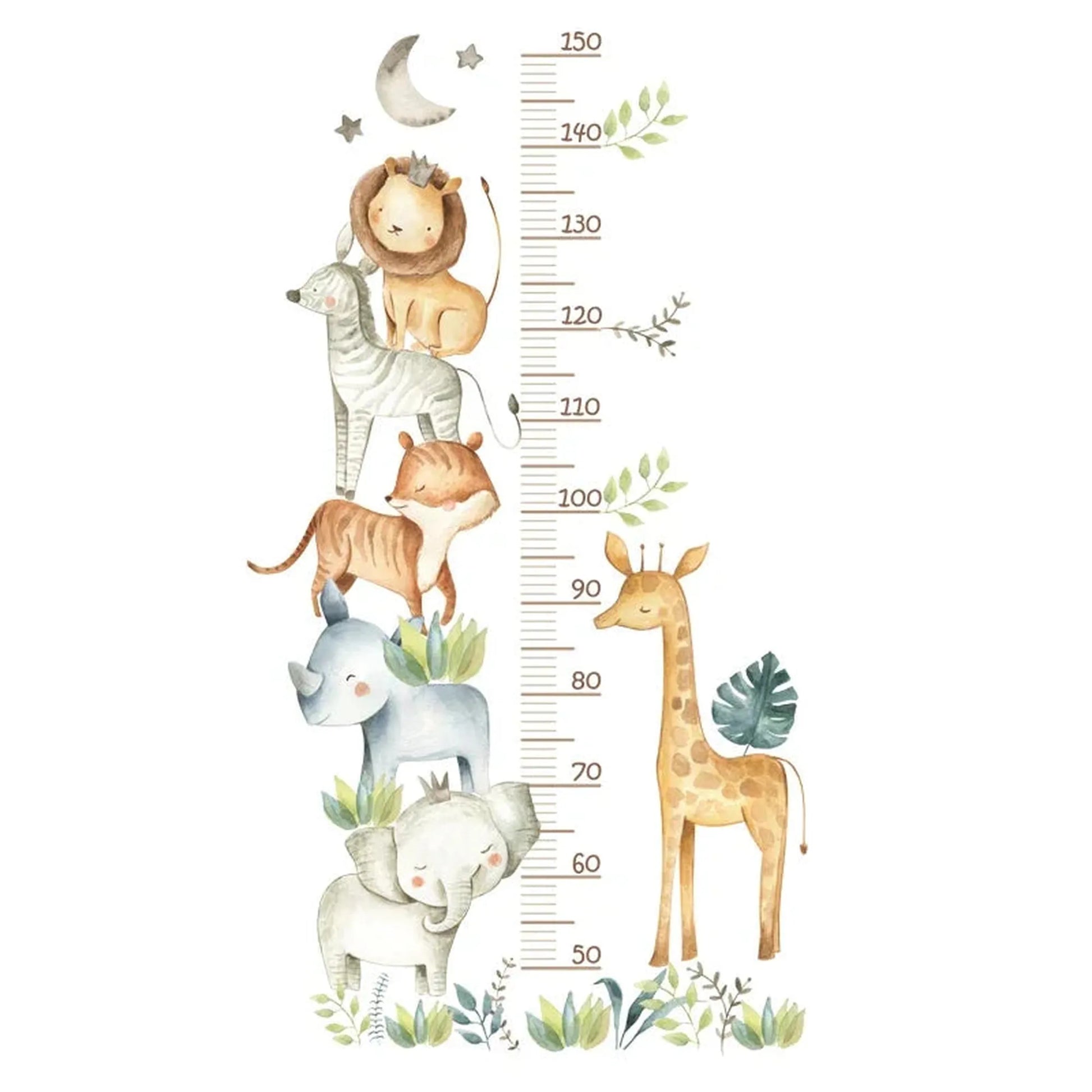 Watercolor animal height chart wall decal with lion, zebra, tiger, rhino, elephant, and giraffe.