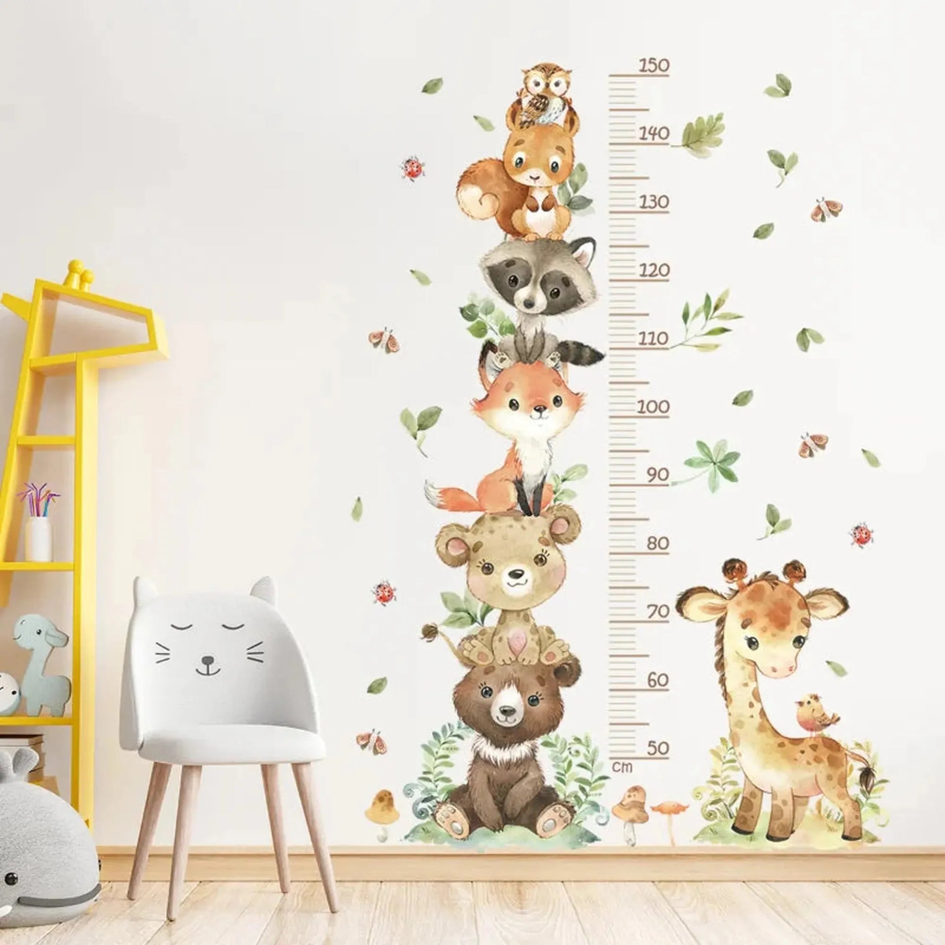 Colorful animal-themed PVC wall decal height chart for kids' rooms, featuring a giraffe and stacked forest animals.