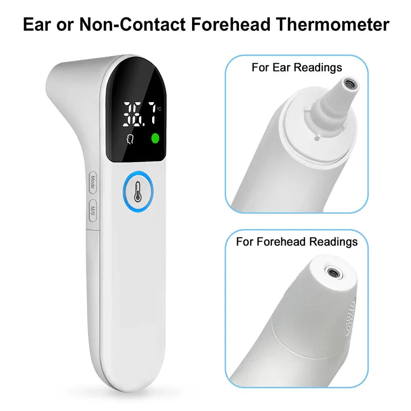 White digital non-contact infrared thermometer for forehead and ear readings, with a clear display.