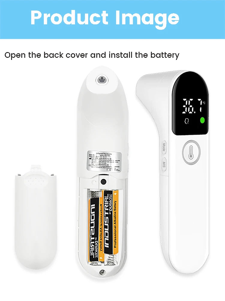 White non-contact infrared digital thermometer with open battery compartment showing two AA batteries.