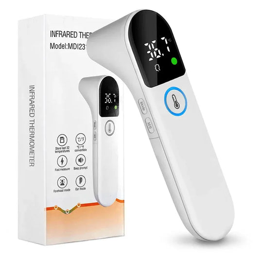 White digital non-contact infrared thermometer with a black screen displaying 36.7°C, alongside its product box.