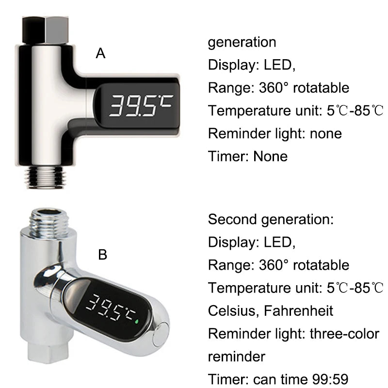 Smart chrome baby shower thermometer with black LED display showing 39.5°C, available in two designs.
