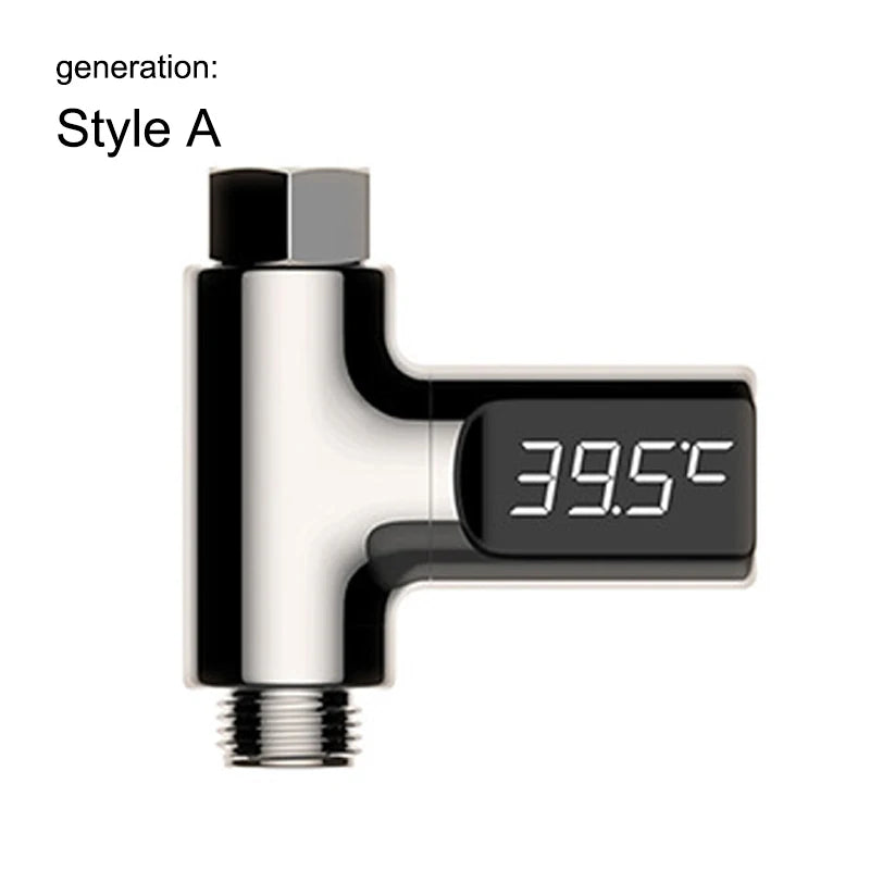 Smart digital baby shower thermometer with chrome finish and LED display showing 39.5°C.
