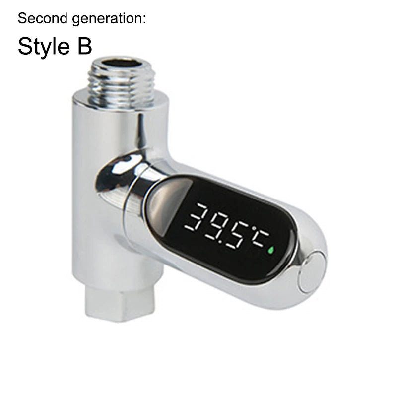 Chrome smart digital baby shower thermometer with rotating LED display showing 39.5°C.