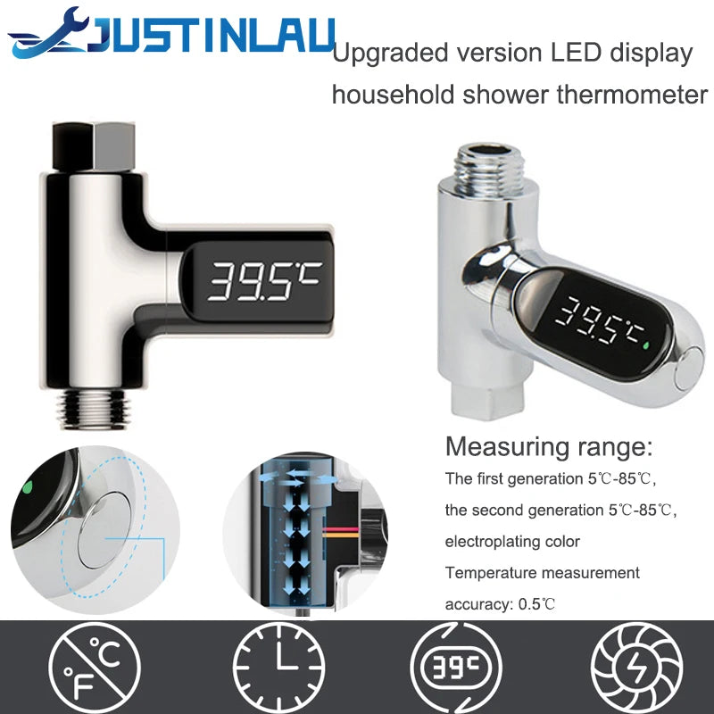 Chrome digital shower thermometer with rotating LED display showing 39.5°C, self-powered by water flow.