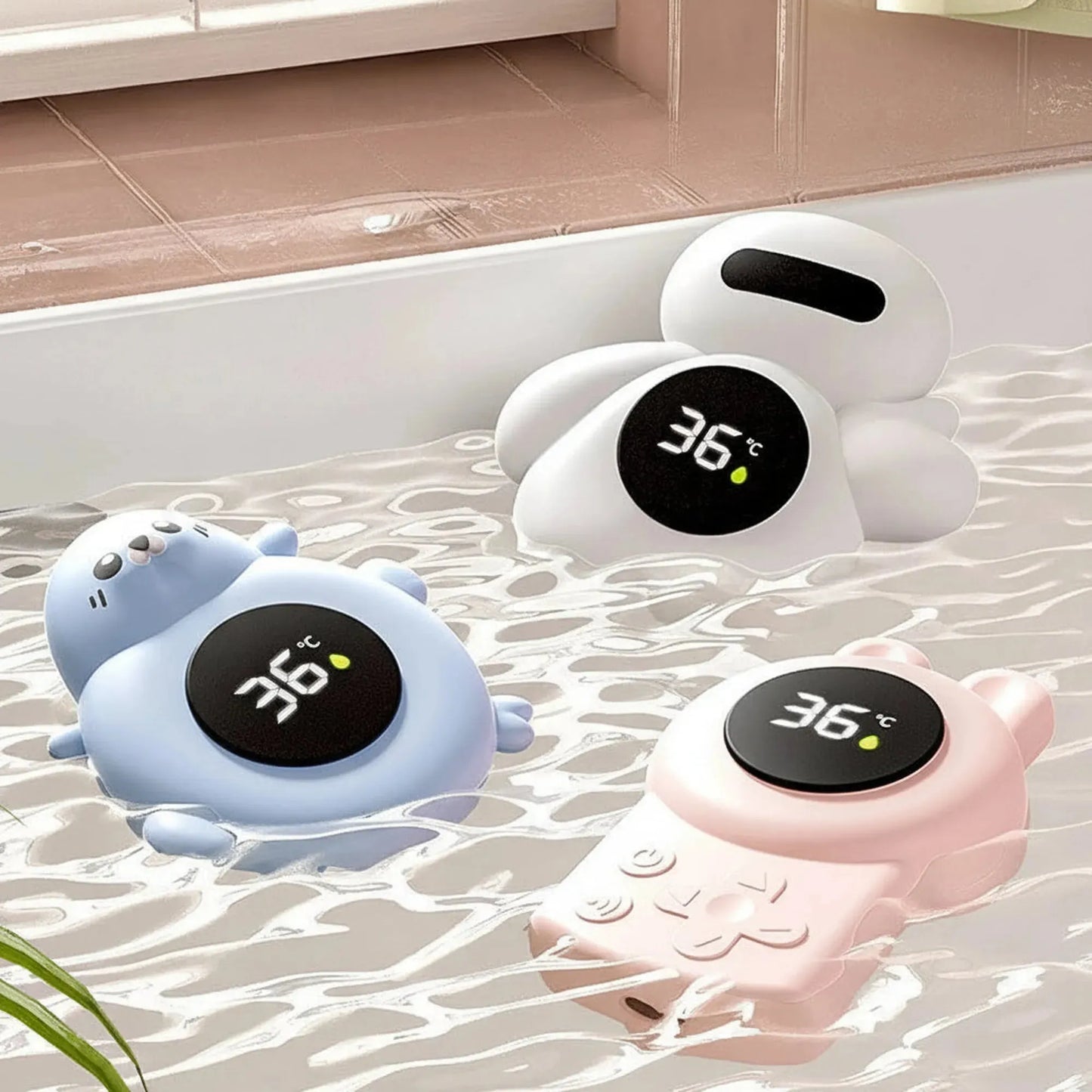 Three cute digital bath thermometers: a blue seal, a white octopus, and a pink game controller, floating in water.