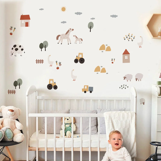 Watercolor farm animal wall decals for a nursery, featuring horses, sheep, cows, tractors, and houses.