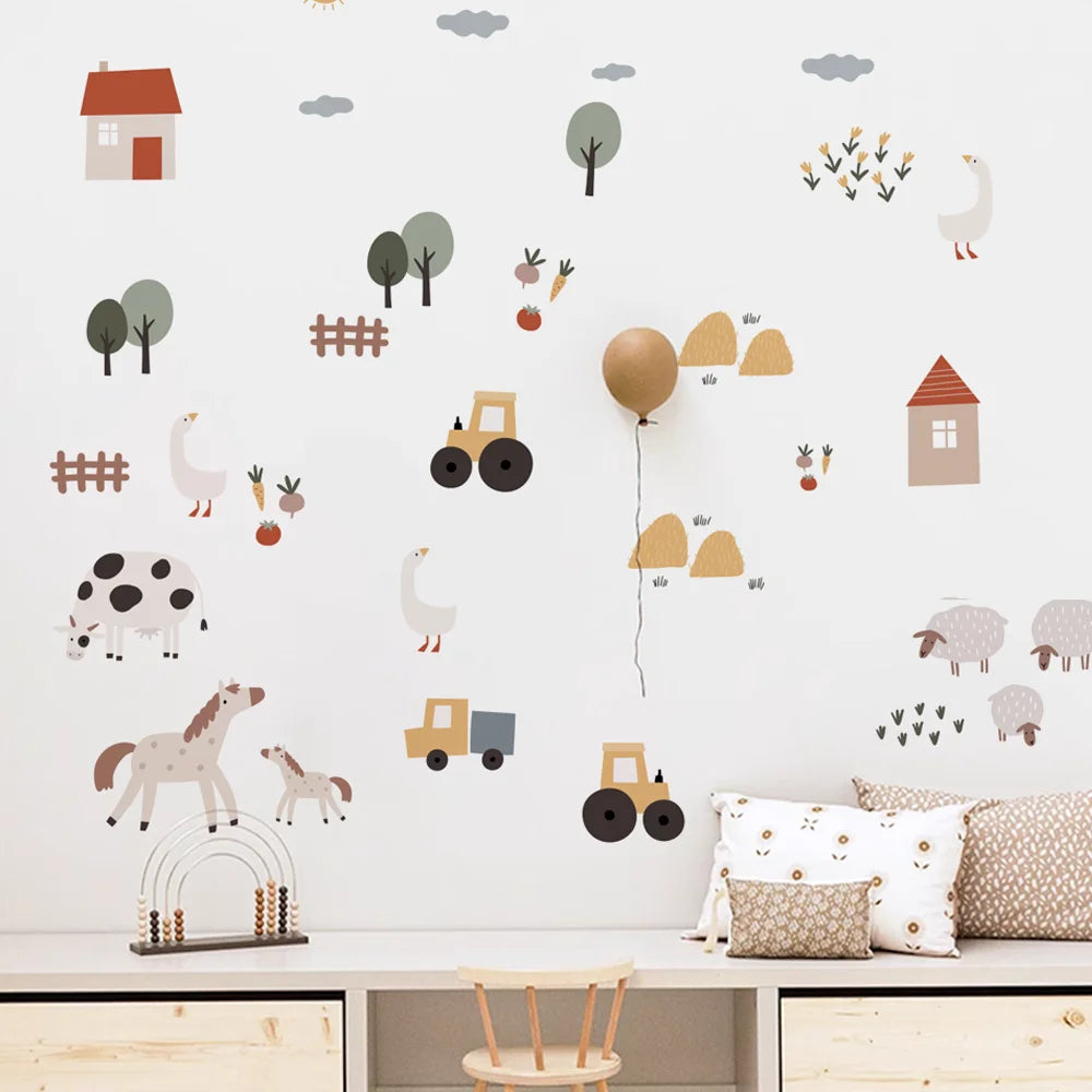 Farm animal watercolor wall decals for kids' room, featuring cows, horses, sheep, tractors, and houses.
