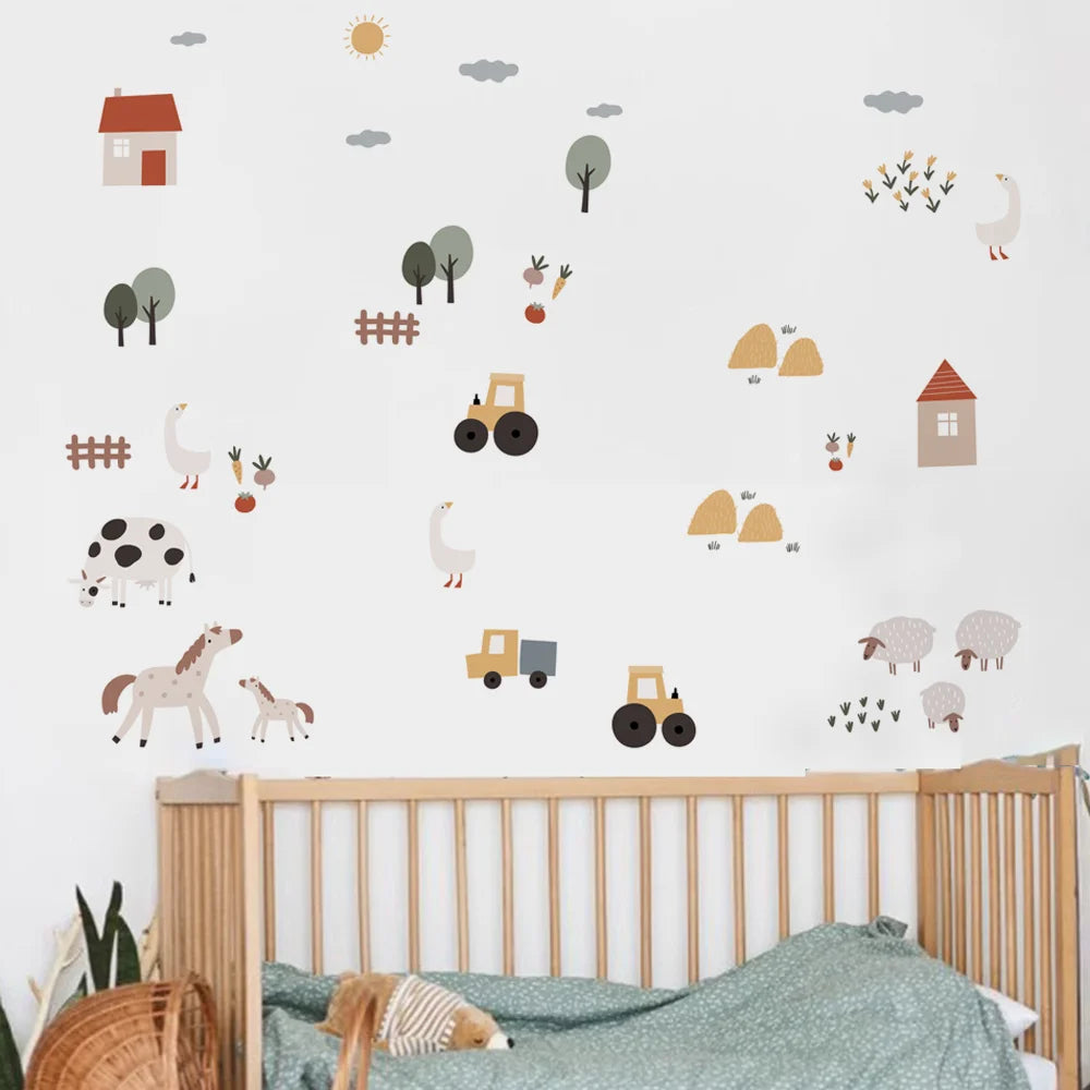 Watercolor farm animal and landscape wall decals for a child's room, featuring cows, horses, sheep, geese, tractors, and houses.