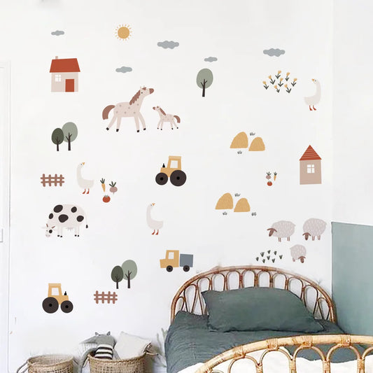 Watercolor farm animal wall decals for kids' room, featuring horses, cows, sheep, tractors, and houses.