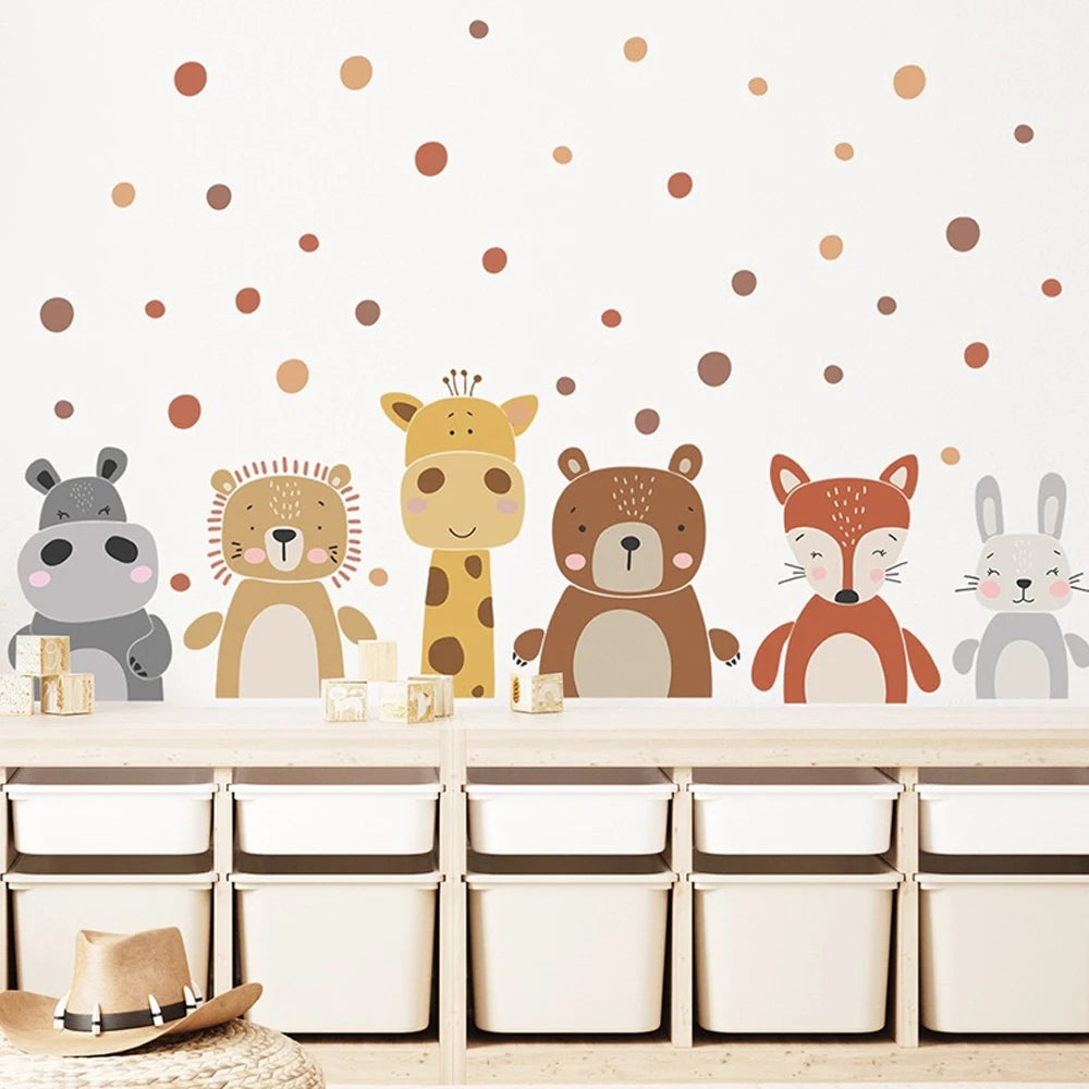 Boho animal wall decals for kids' room: hippo, lion, giraffe, bear, fox, and bunny with brown dots.